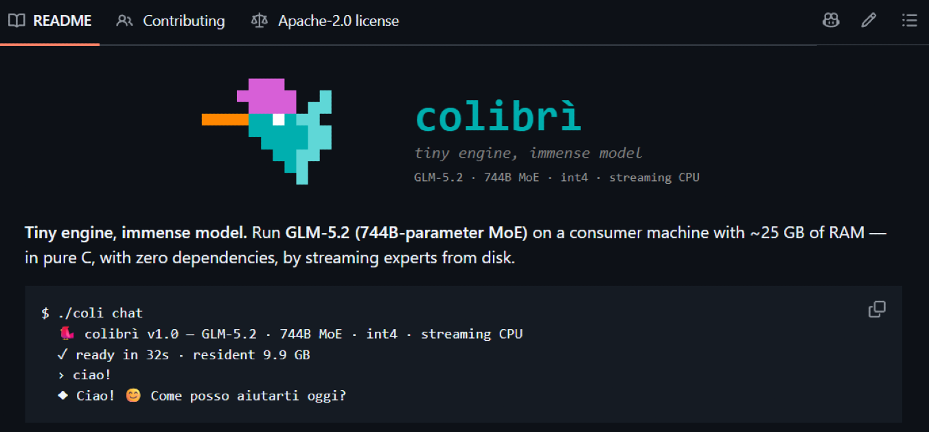 colibrì: How a Single C File Runs a 744B-Parameter MoE Model on 25 GB of RAM