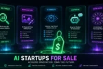 Five AI startups for sale illustrated as holographic cards covering SEO, photo editing, AI visibility, chatbot, and astrology categories