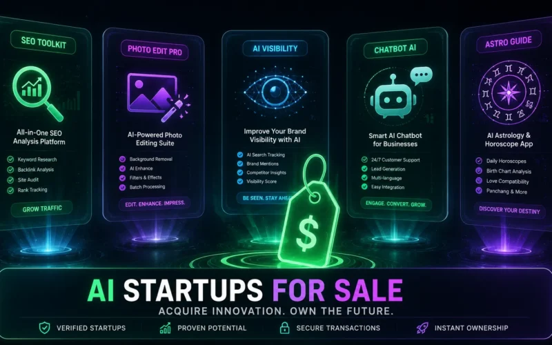 Five AI startups for sale illustrated as holographic cards covering SEO, photo editing, AI visibility, chatbot, and astrology categories
