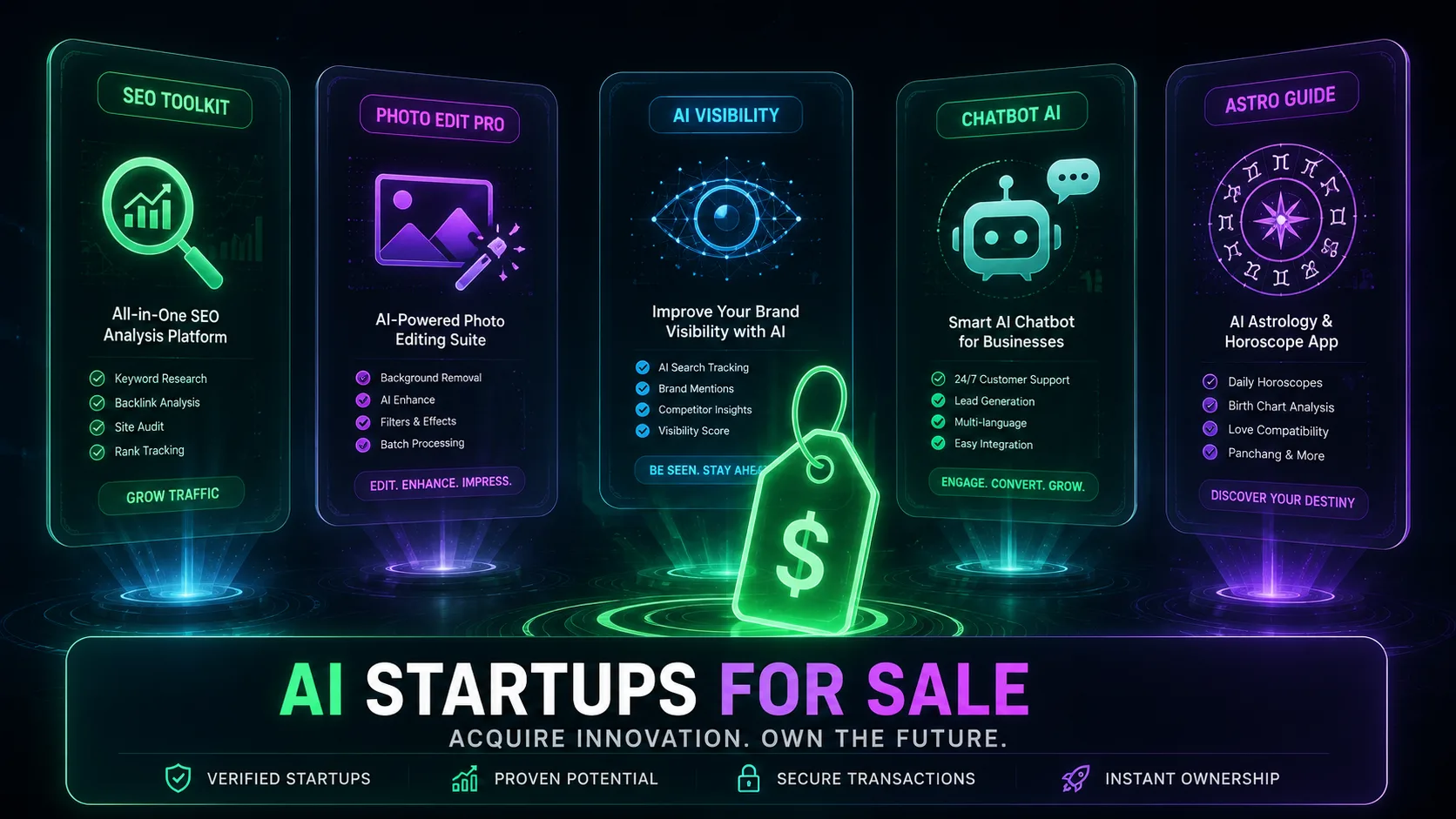 Five AI startups for sale illustrated as holographic cards covering SEO, photo editing, AI visibility, chatbot, and astrology categories