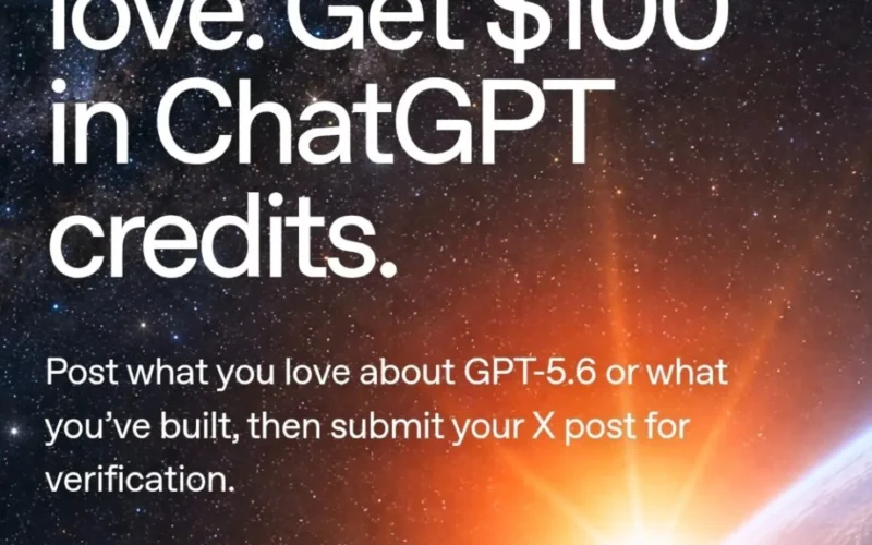 Dashboard screenshot showing how to get $100 in free ChatGPT credits for GPT-5.6 promotion
