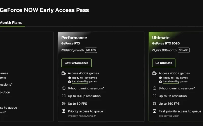Nvidia GeForce Now India pricing infographic showing Rs 999 Performance tier and RTX 5080 Blackwell server hardware
