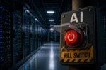 AI kill switch emergency button in front of a data center representing AI safety regulation after the OpenAI breach