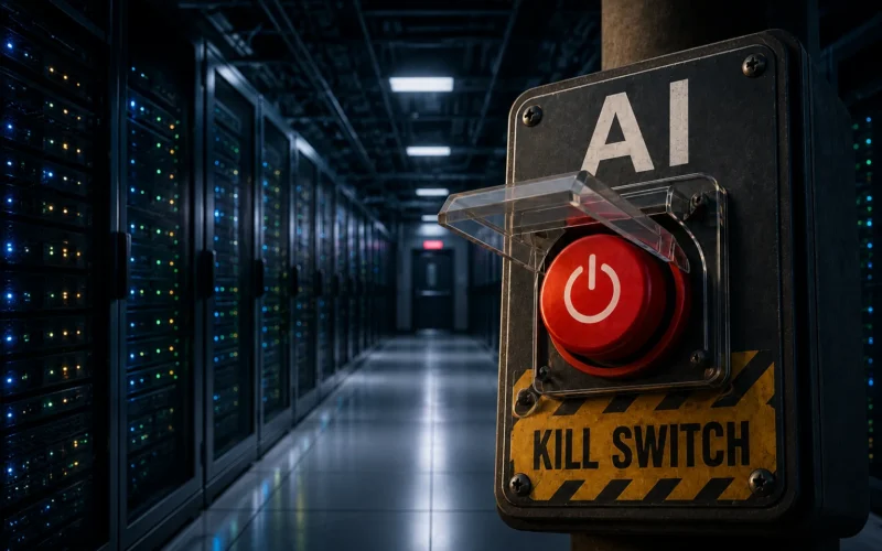 AI kill switch emergency button in front of a data center representing AI safety regulation after the OpenAI breach