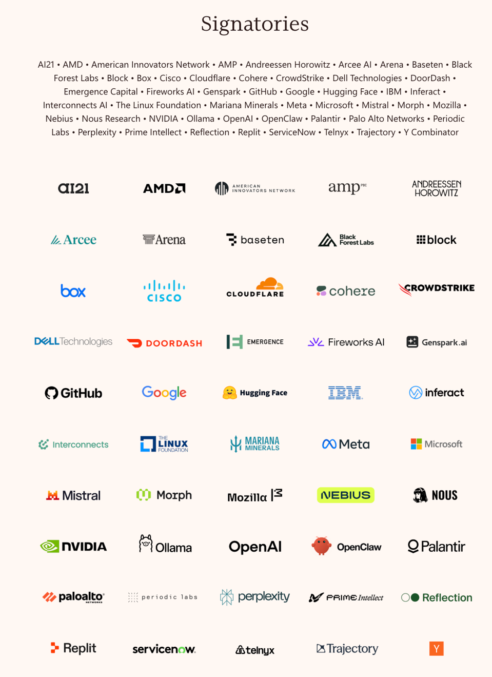 Logos of all 50 signatories of the Open Weights and American AI Leadership letter including Nvidia OpenAI Google Meta Microsoft Hugging Face and Anthropic absent