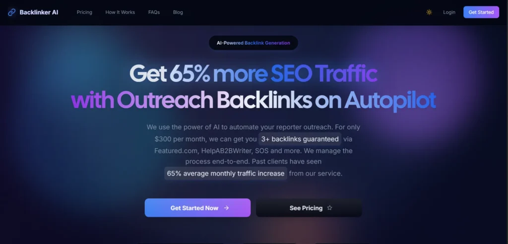 Backlinker AI landing page showing 65% more SEO traffic claim with outreach backlinks on autopilot