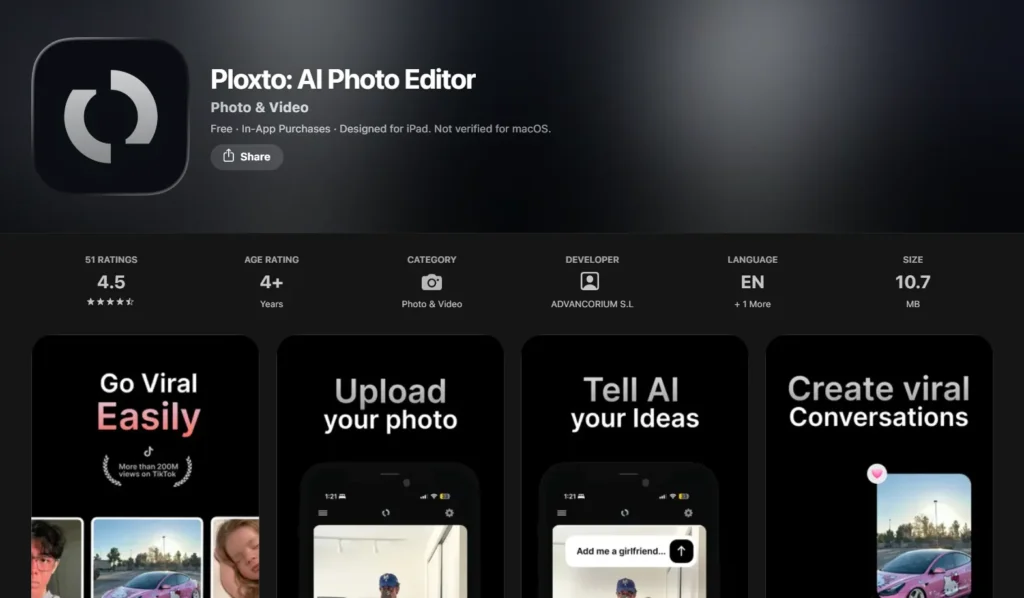 Ploxto AI Photo Editor App Store page showing 4.5 star rating and viral photo editing features