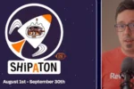 Shipaton 2026 logo with rocket and cat mascot alongside a RevenueCat team member, August 1 to September 30