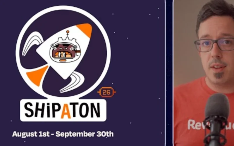 Shipaton 2026 logo with rocket and cat mascot alongside a RevenueCat team member, August 1 to September 30