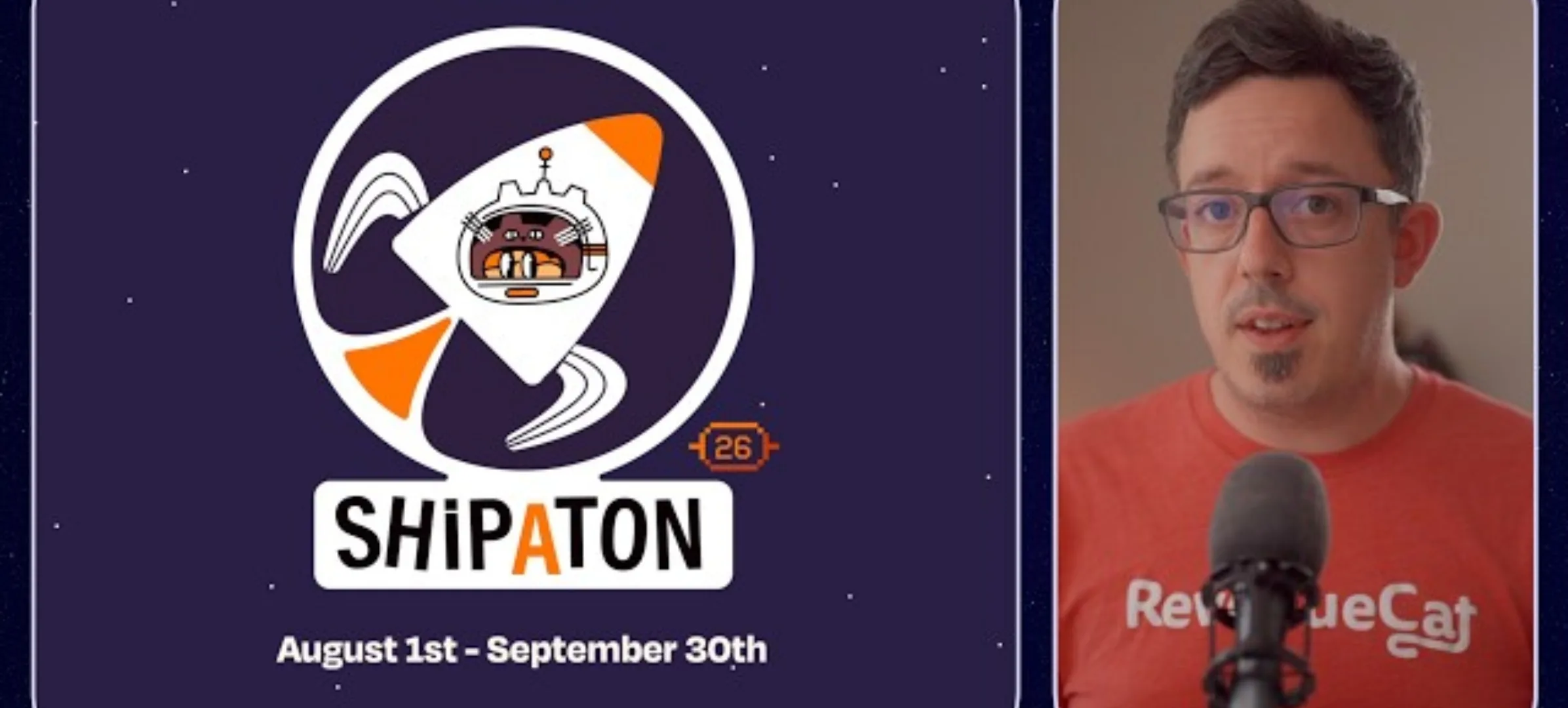 Shipaton 2026 logo with rocket and cat mascot alongside a RevenueCat team member, August 1 to September 30