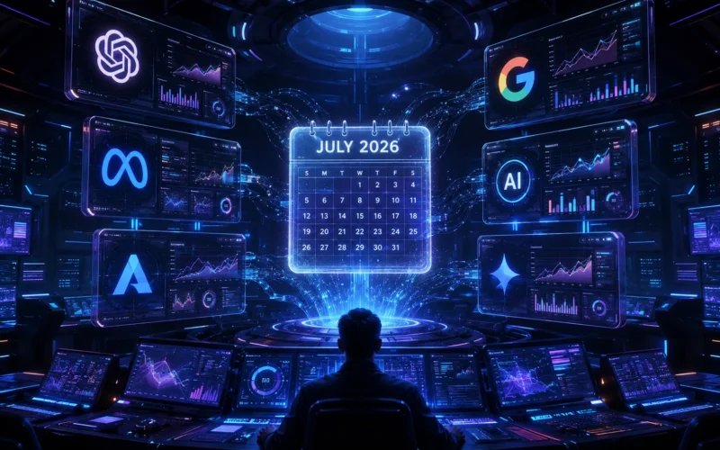 AI model releases July 2026 — holographic displays showing frontier model launches