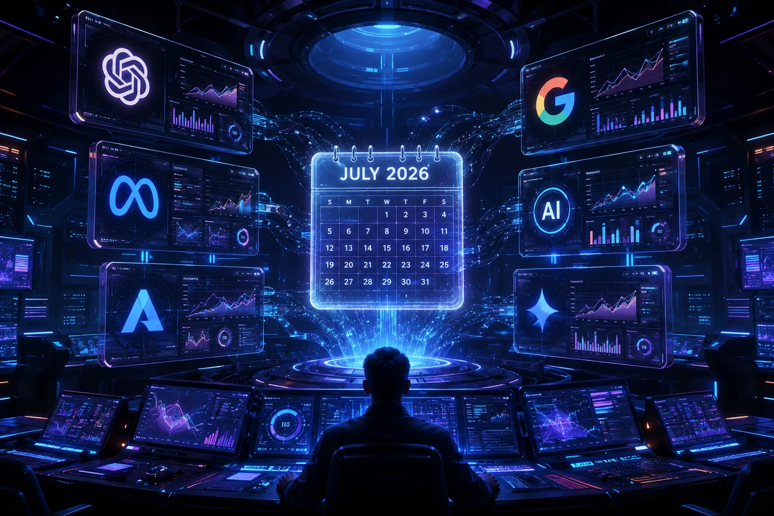 AI model releases July 2026 — holographic displays showing frontier model launches