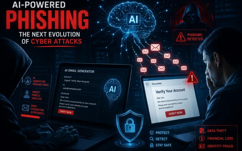 AI-powered phishing attack diagram showing email generation, target profiling, and phishing detection