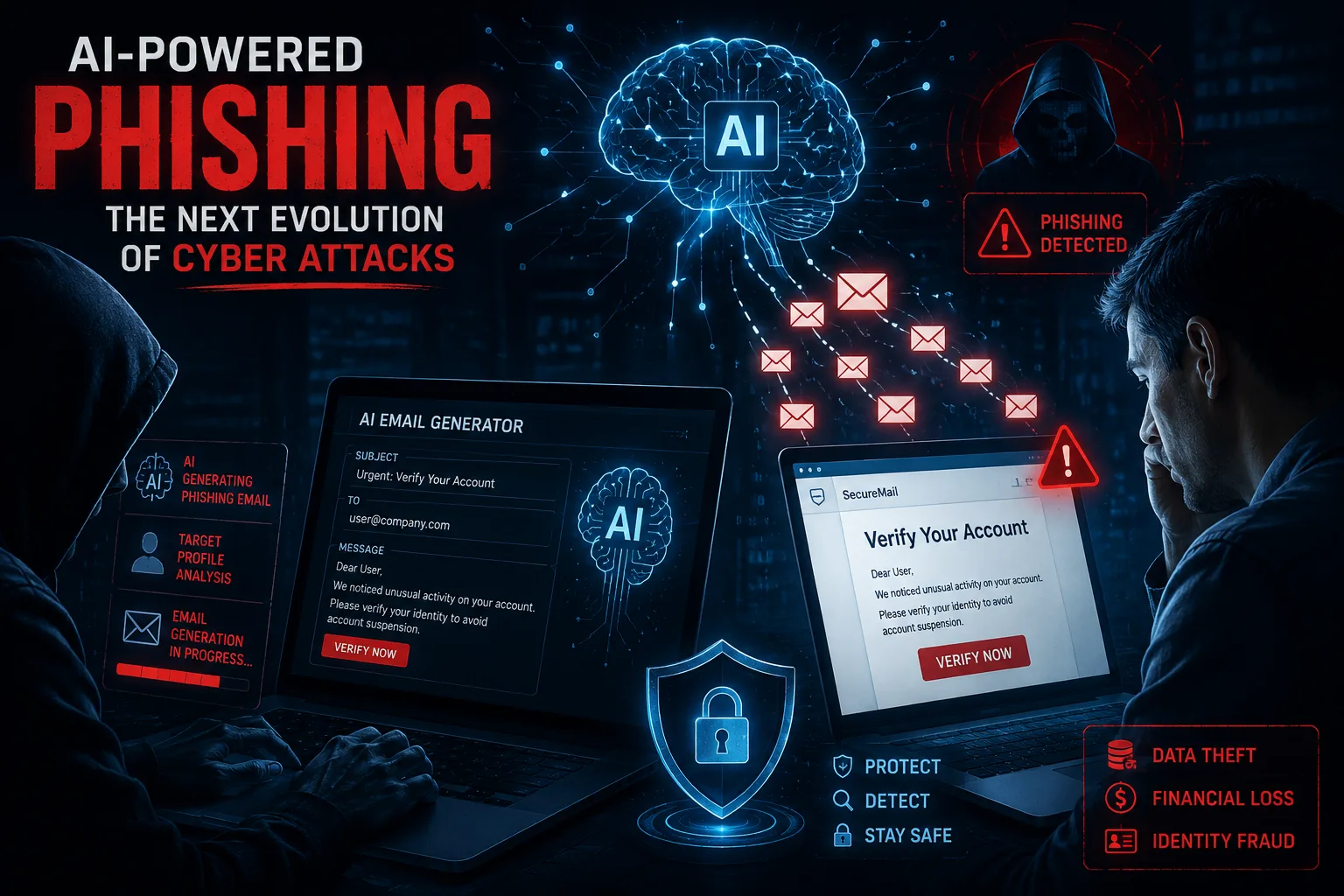 AI-powered phishing attack diagram showing email generation, target profiling, and phishing detection