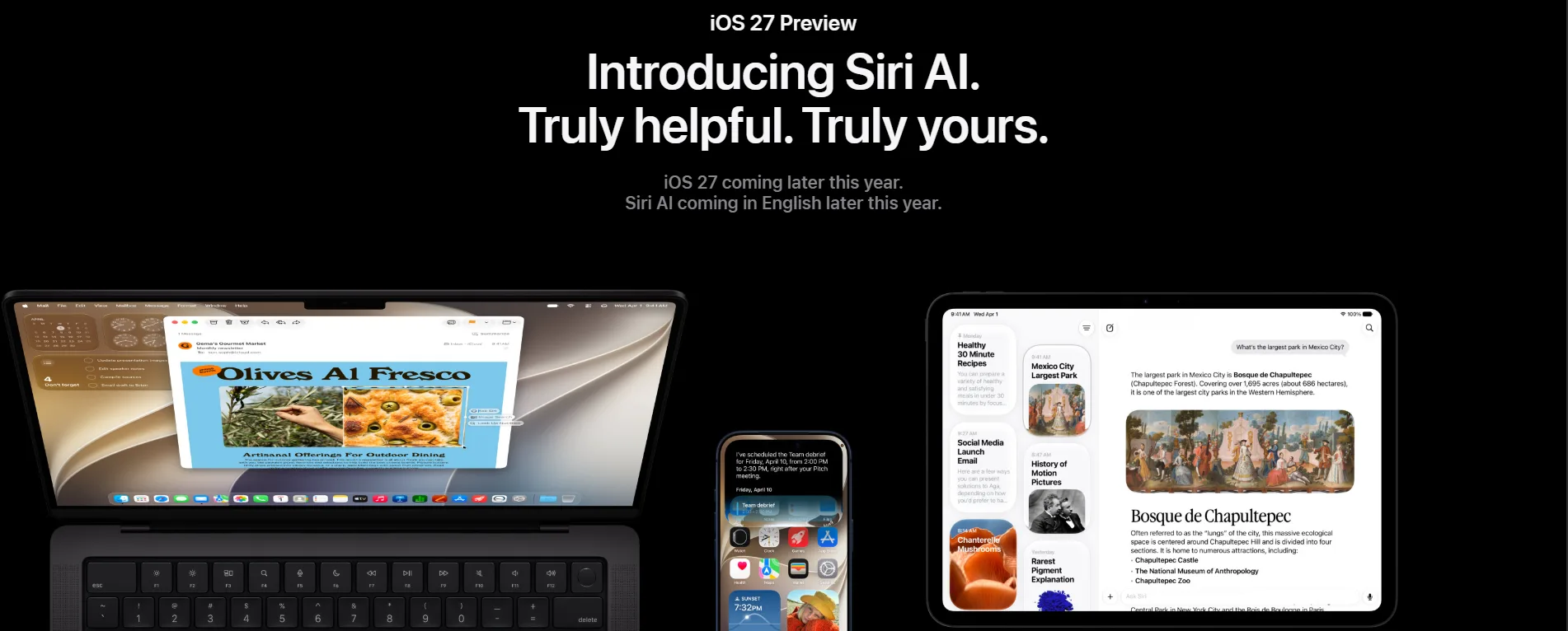 iOS 27 Preview banner showing Siri AI on iPhone iPad and Mac with the tagline Truly helpful Truly yours