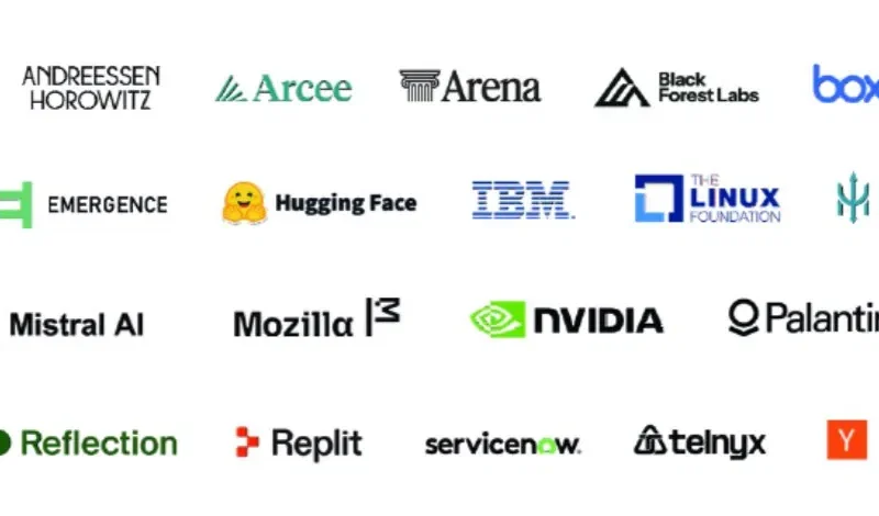 Logos of the 25 signatories of the Open Weights and American AI Leadership letter including Nvidia Microsoft Meta IBM Hugging Face and Palantir