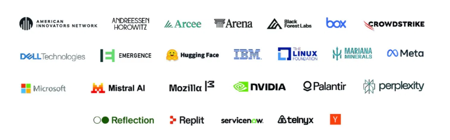Logos of the 25 signatories of the Open Weights and American AI Leadership letter including Nvidia Microsoft Meta IBM Hugging Face and Palantir