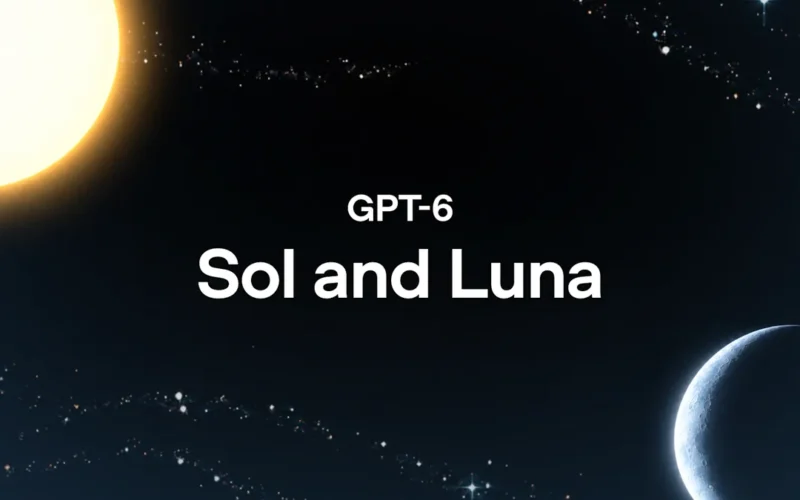 OpenAI's GPT-6 Sol and Luna announcement graphic: the words 'GPT-6 Sol and Luna' on a dark starry sky with a glowing sun at top left and a crescent moon at bottom right