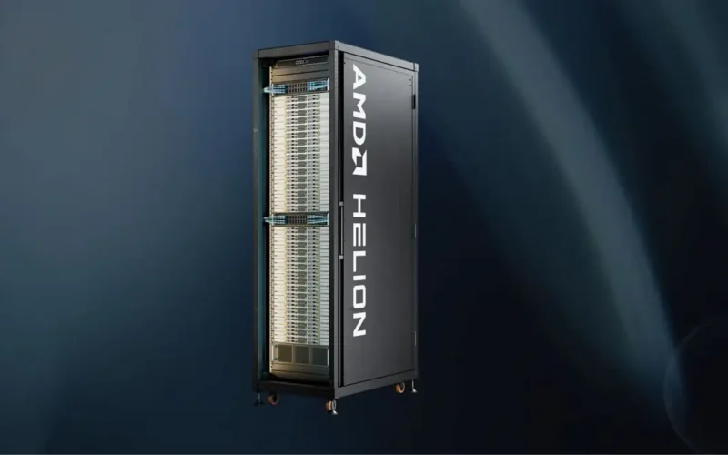 AMD Helion agentic AI rack with the AMD Helion logo on its side door against a dark blue background