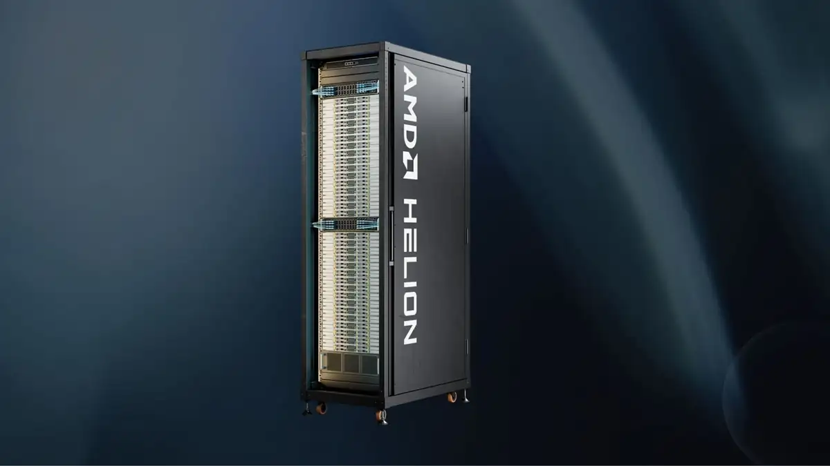 AMD Helion agentic AI rack with the AMD Helion logo on its side door against a dark blue background