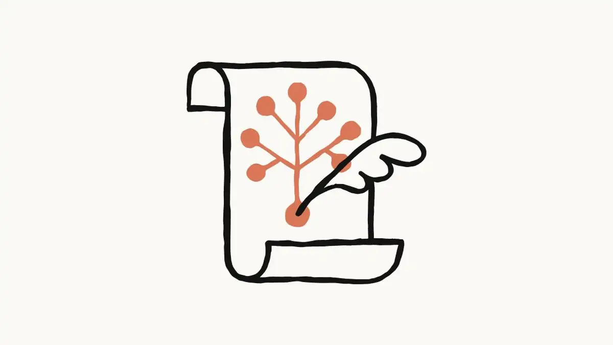 Anthropic official illustration for Claude constitution: scroll, branching diagram, and quill