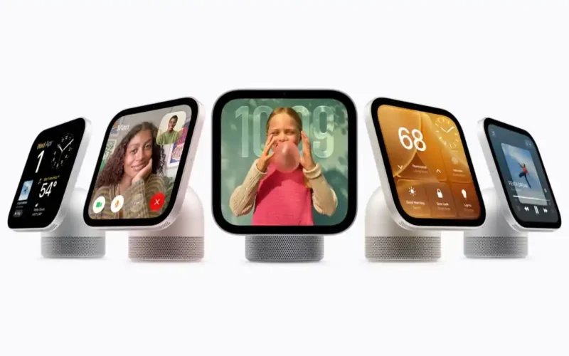 Apple HomeView smart displays in silver, starlight, rose pink and space gray showing FaceTime, photos, Home controls and music