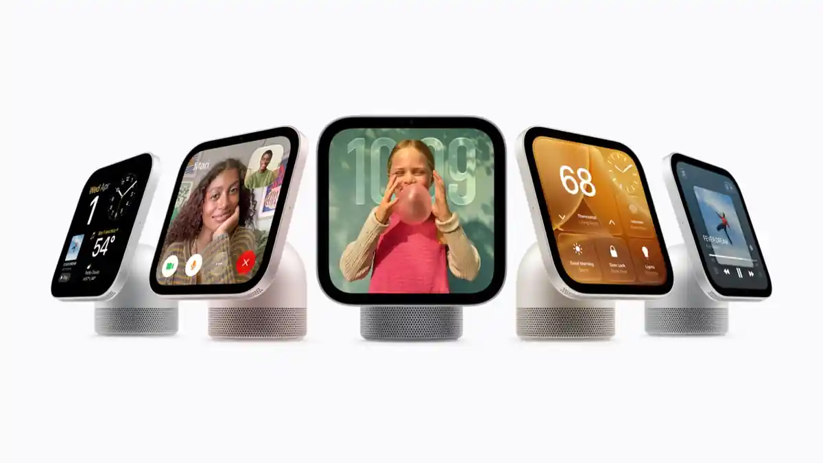 Apple HomeView smart displays in silver, starlight, rose pink and space gray showing FaceTime, photos, Home controls and music