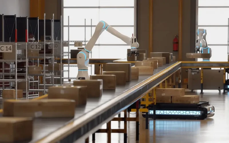 White robotic arms sorting boxes on a conveyor in an Amazon-style warehouse, official AWS Physical AI Toolchain announcement image