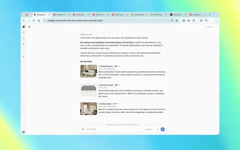 ChatGPT in Google Chrome comparing sofa listings from several open tabs, from OpenAI's 15 October 2026 demo