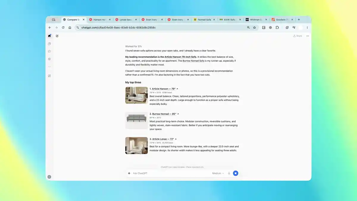 ChatGPT in Google Chrome comparing sofa listings from several open tabs, from OpenAI's 15 October 2026 demo