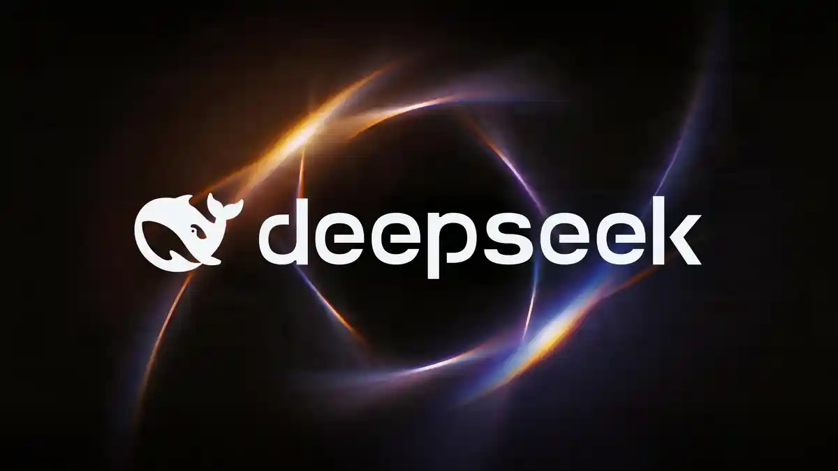 DeepSeek whale logo and wordmark in white on a dark background with orange and violet light arcs, from DeepSeek's official API docs social card