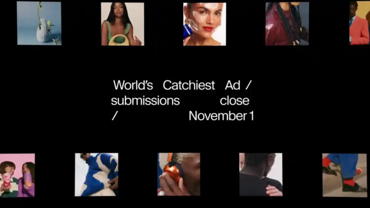 ElevenLabs promo graphic reading World's Catchiest Ad, submissions close November 1, framed by small product and fashion photos on black