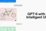 OpenAI announcement graphic reading GPT-6 with Intelligent UI beside interactive ChatGPT cards showing a bike diagram and a football pitch
