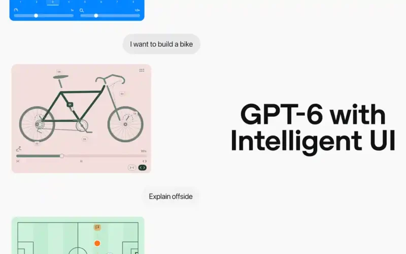 OpenAI announcement graphic reading GPT-6 with Intelligent UI beside interactive ChatGPT cards showing a bike diagram and a football pitch