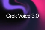 Grok Voice 3.0 title in white on a dark purple and pink gradient, official SpaceXSI launch artwork