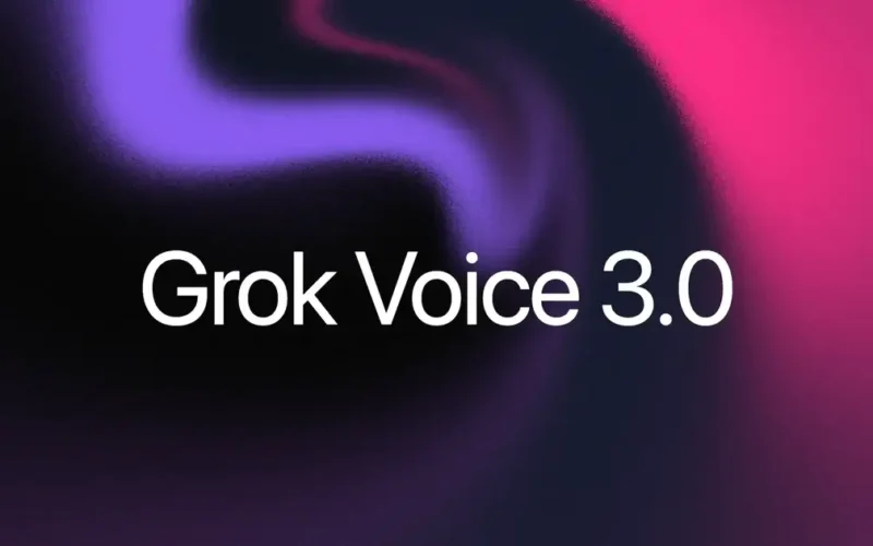 Grok Voice 3.0 title in white on a dark purple and pink gradient, official SpaceXSI launch artwork