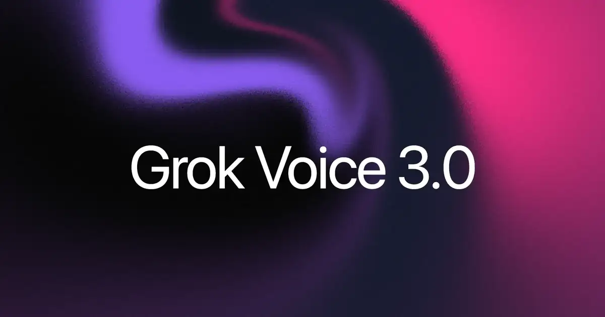 Grok Voice 3.0 title in white on a dark purple and pink gradient, official SpaceXSI launch artwork