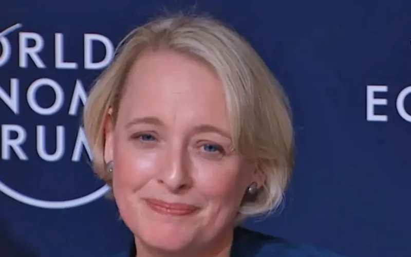 Accenture chair and CEO Julie Sweet speaking at a World Economic Forum press conference