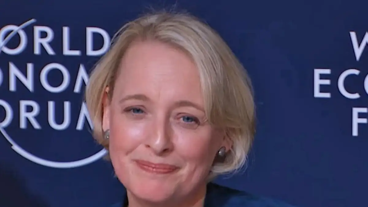 Accenture chair and CEO Julie Sweet speaking at a World Economic Forum press conference