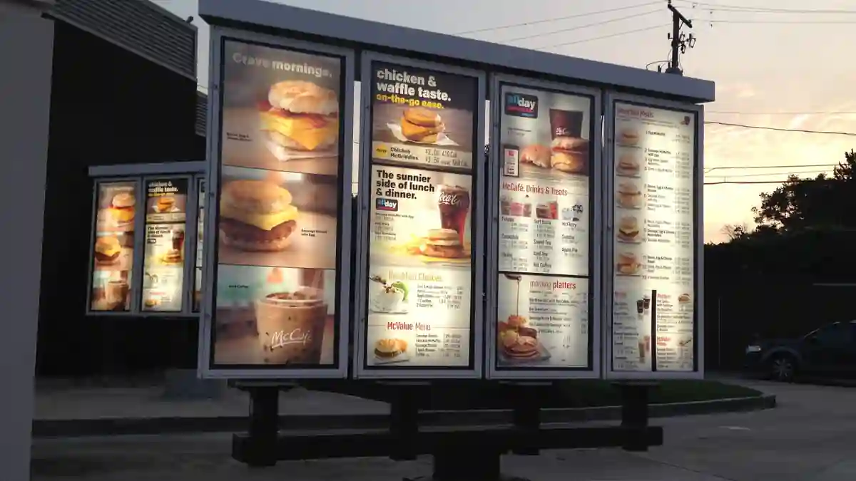 McDonald's drive-thru menu board with breakfast prices in Logan, Ohio