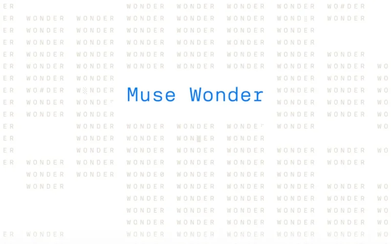 Meta's official Muse Wonder title artwork in blue over a pale pattern of the word Wonder