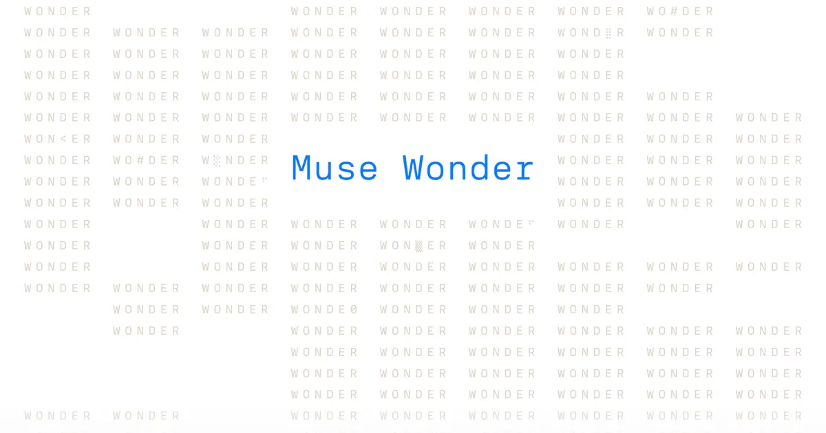 Meta's official Muse Wonder title artwork in blue over a pale pattern of the word Wonder