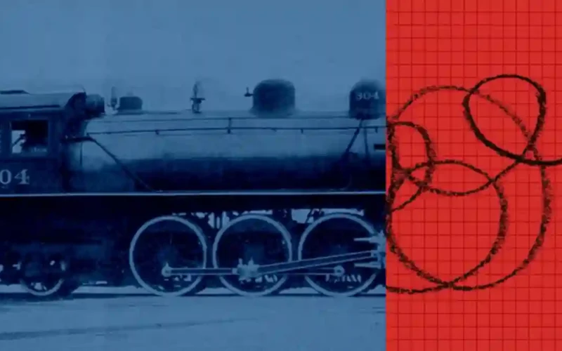 Anthropic's official artwork for its UK AISI incident alignment assessment, a blue steam locomotive beside a red grid with looping pencil scribbles
