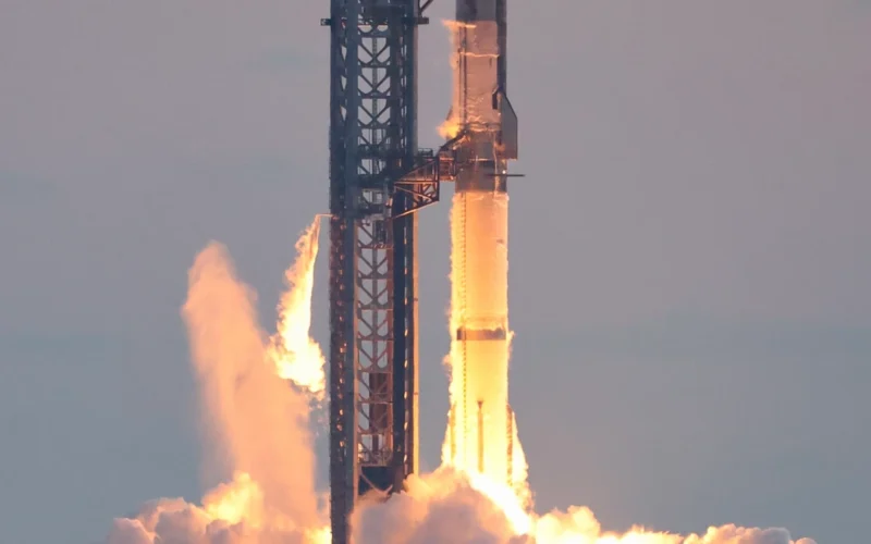SpaceX Starship rocket igniting during a test flight
