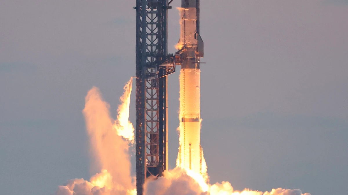 SpaceX Starship rocket igniting during a test flight